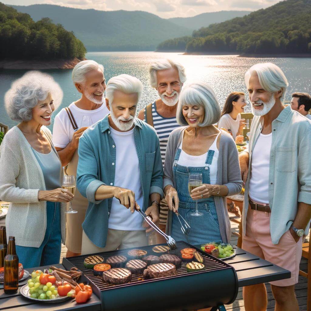 Couples enjoying a BBQ party by Tellico Lake.